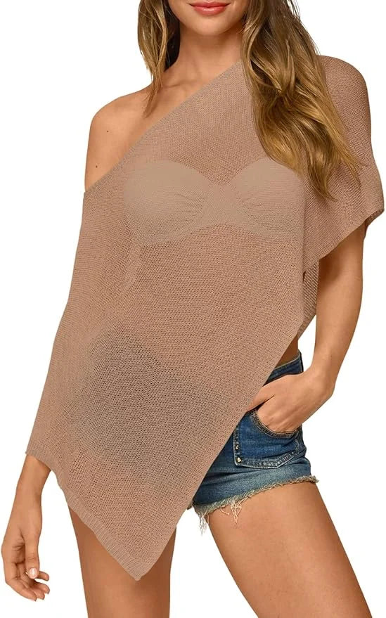 Fisoew Womens Sheer Poncho Top Lightweight Knit Bolero Shrug Mesh Off The Shoulder Y2K Going Out Beach Swimsuit Coverup