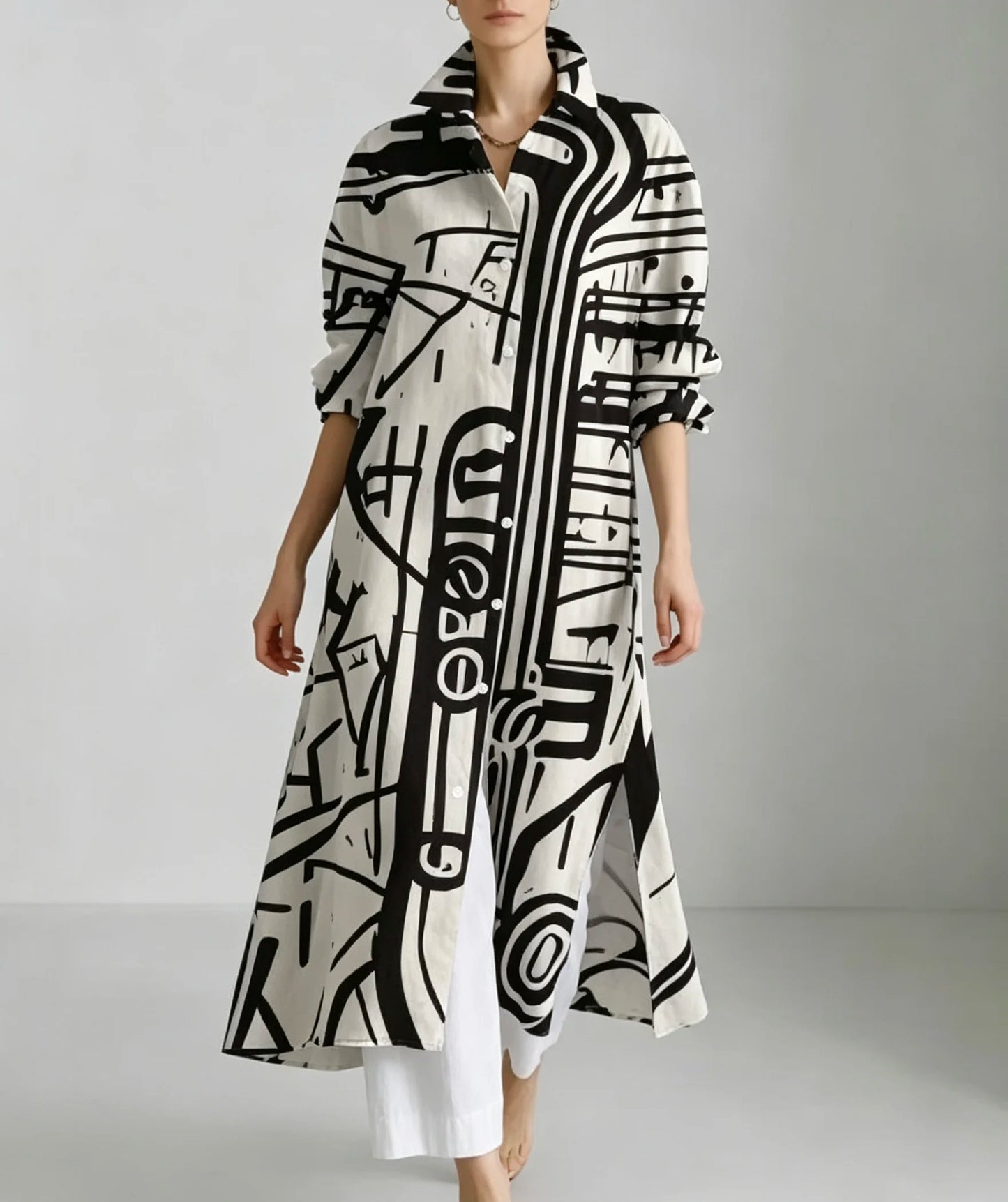 Plus size black and white graffiti print long shirt sun protection cardigan; lapel button-up side slit loose three-quarter sleeve sun protection cardigan long