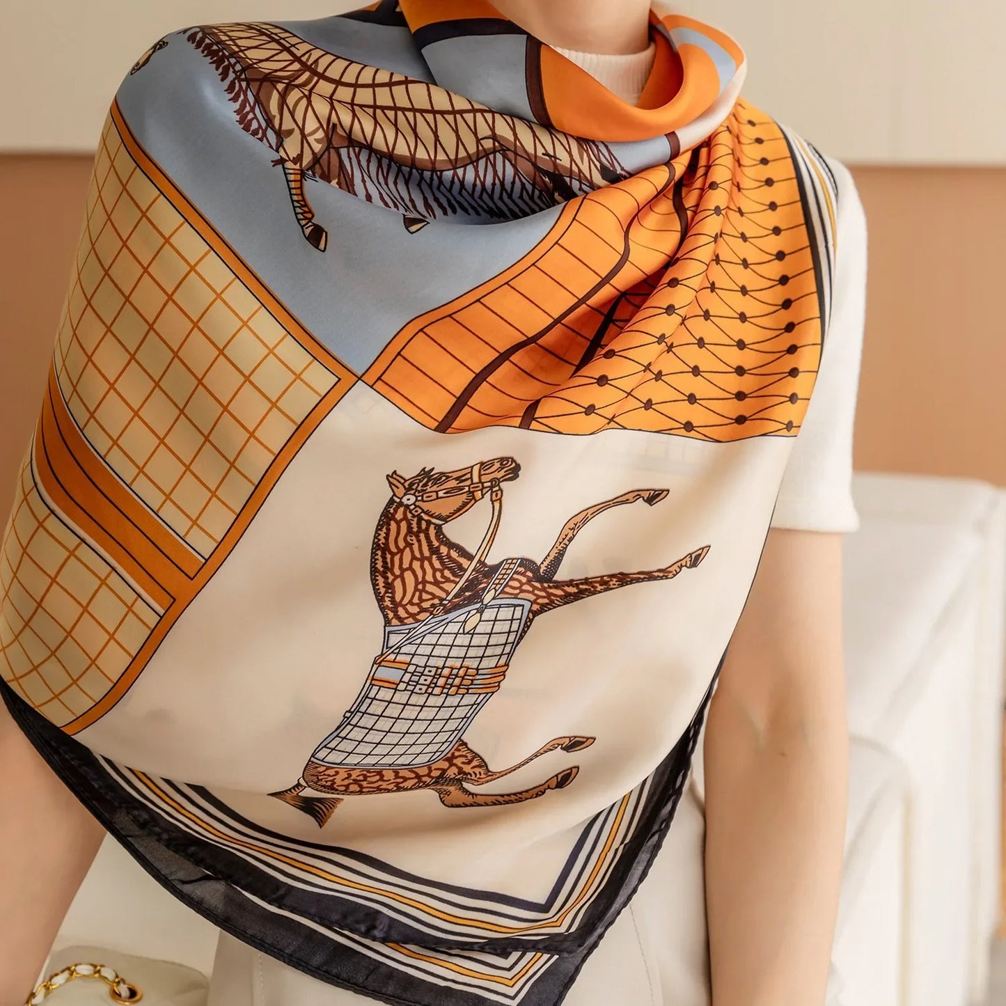 Luxury Horse Print Square Scarf Vintage Imitation Silk Shawl Scarf  Women Windproof Outdoor Head Wrap 110*110cm \[p'[;