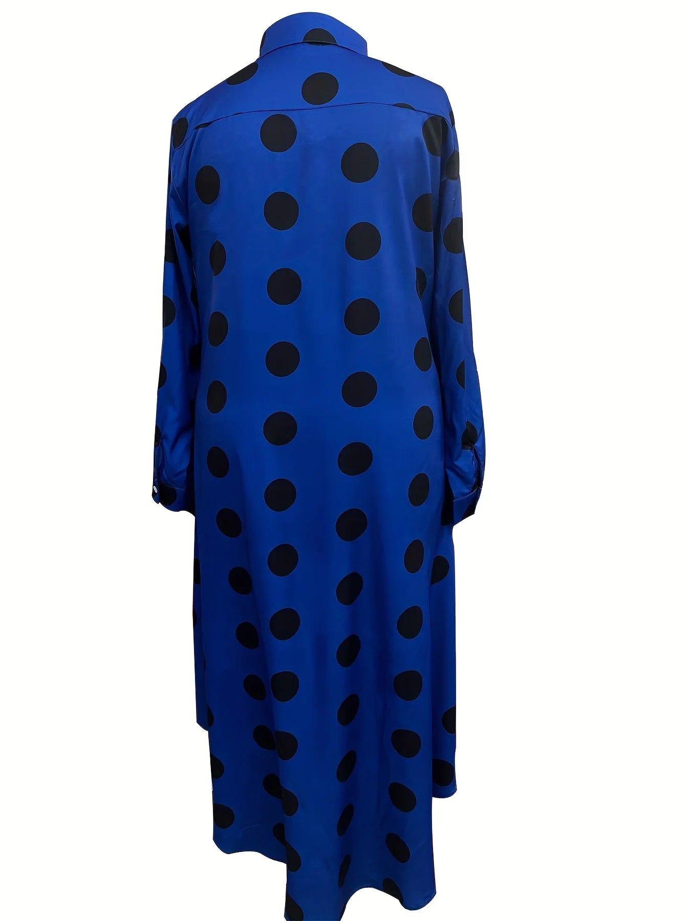 European and American plus size women's large polka dot lapel shirt dress; black polka dot single-breasted loose long sleeve side slit midi shirt dress