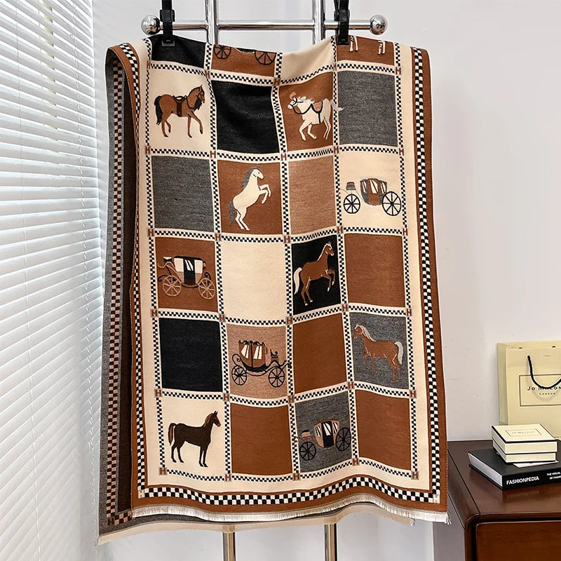 Luxury Warm Poncho Cashmere Winter Women Scarf Horse Print Shawl Wraps Female Thick Pashmina Blanket Bufanda Travel Echarpe 2024