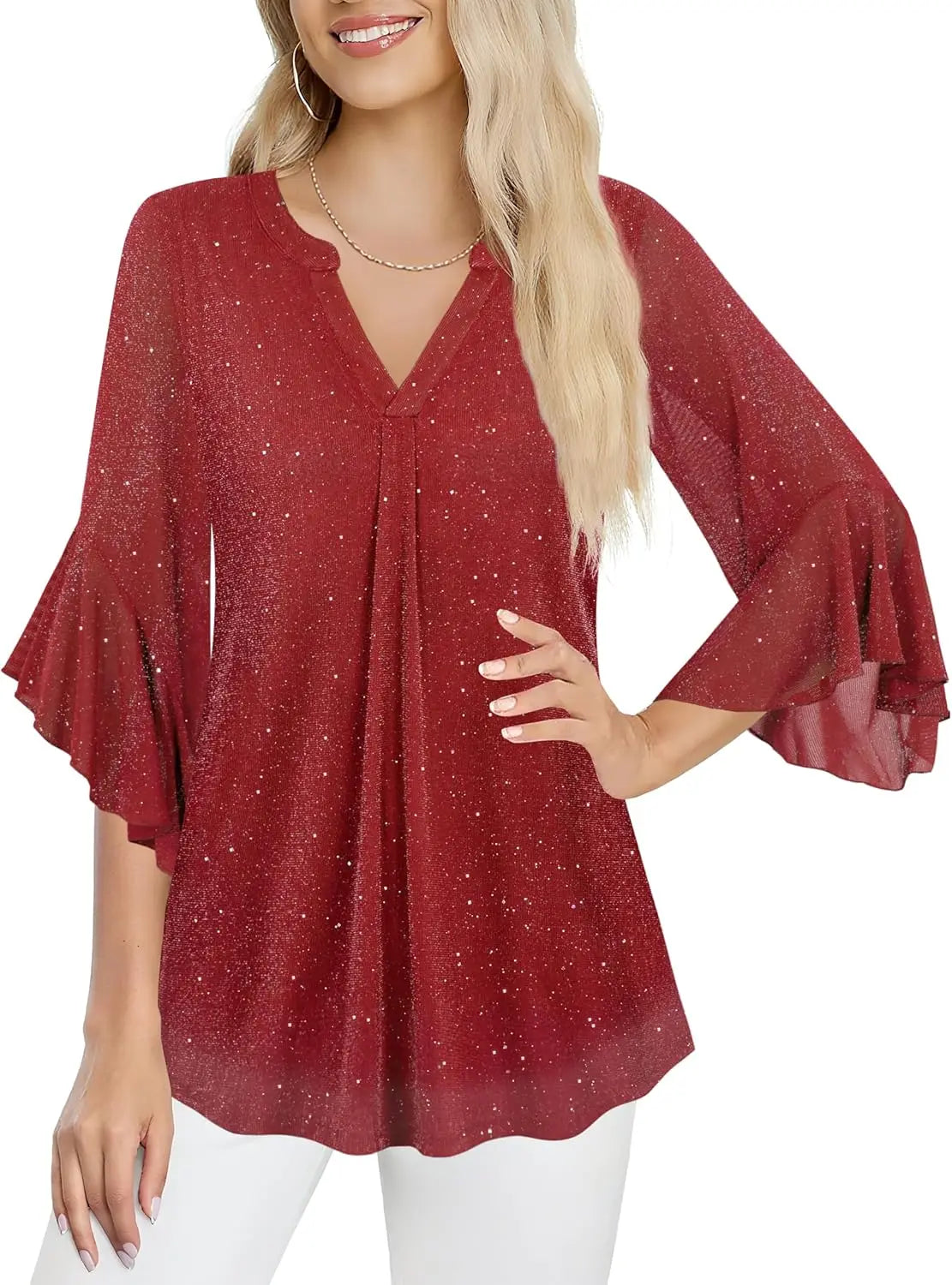 Womens Sparkly Tops 3/4 Sleeve Dressy Casual Sequin Blouses Double Layers Loose V Neck Shirt