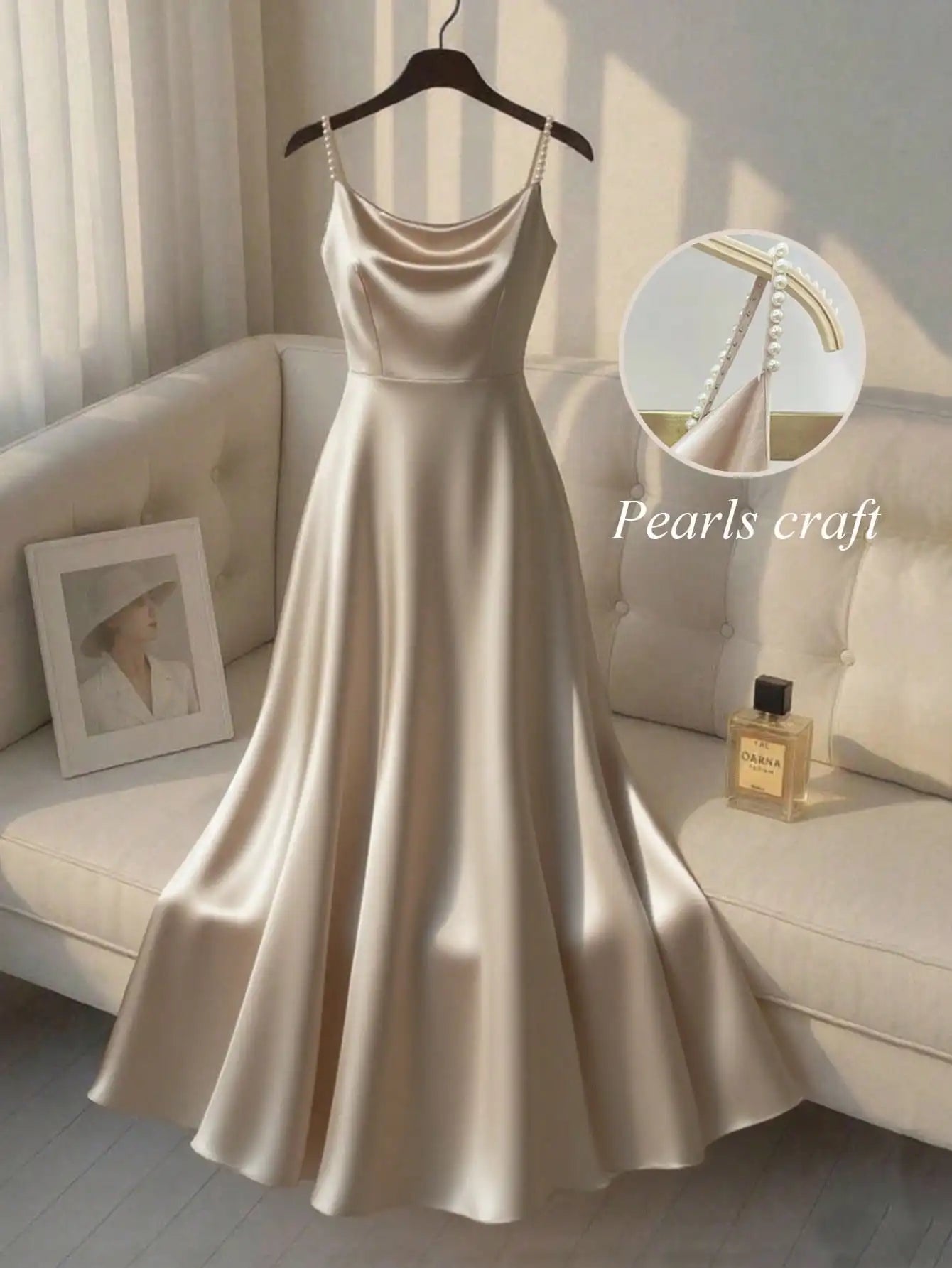 Elegant Satin Pearl Strap Slip Dress A-Line Floor Length For Party Event