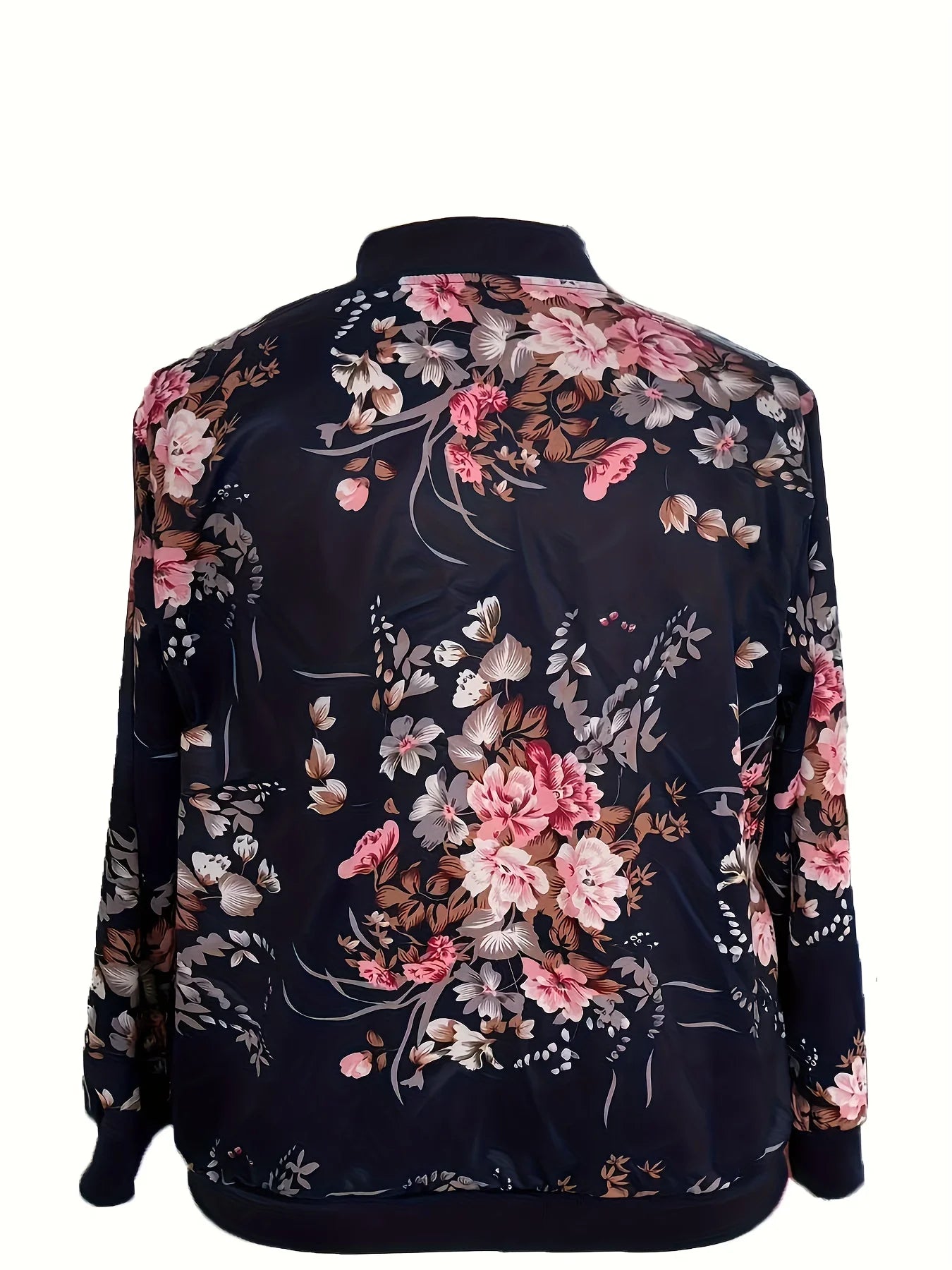 Plus size women's navy blue floral print baseball jacket zipper casual slimming stand collar jacket coat
