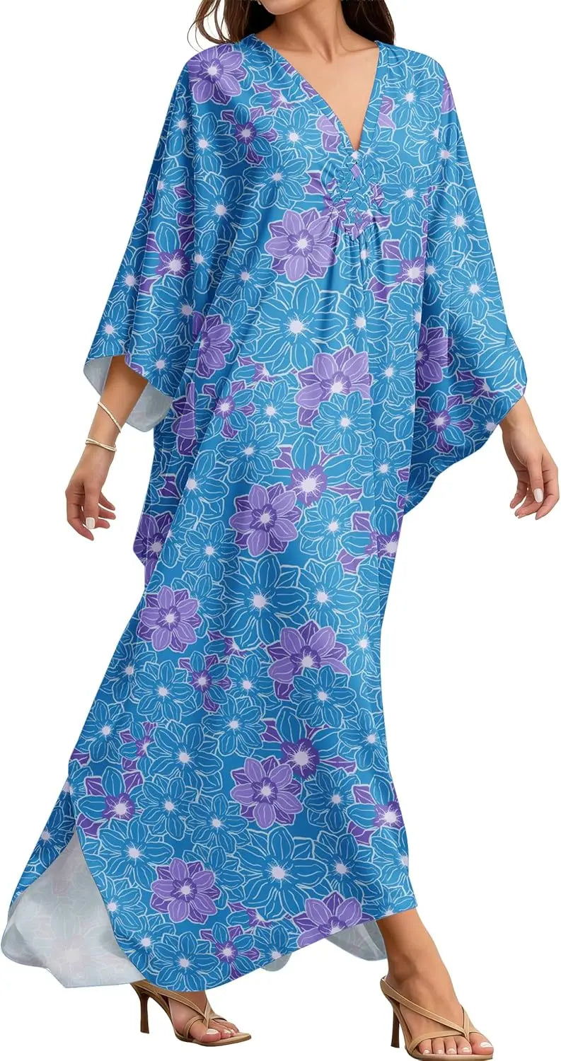 Kaftan Dresses for Women, V Neck Moo Moos Colorful Print Cover Ups Caftan Beach Dresses for Swimwear