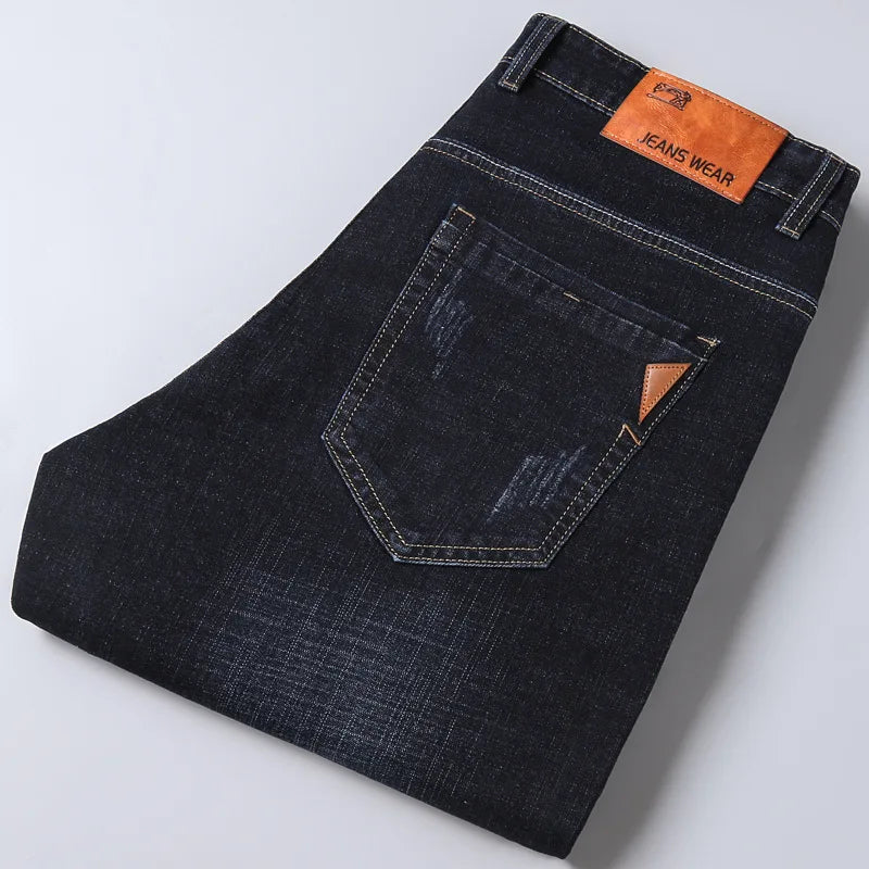 Spring Autumn Business Men Jeans Casual Straight Stretch Classic Black/ Sky Blue/ Grey Work Denim Trousers Brand Clothing