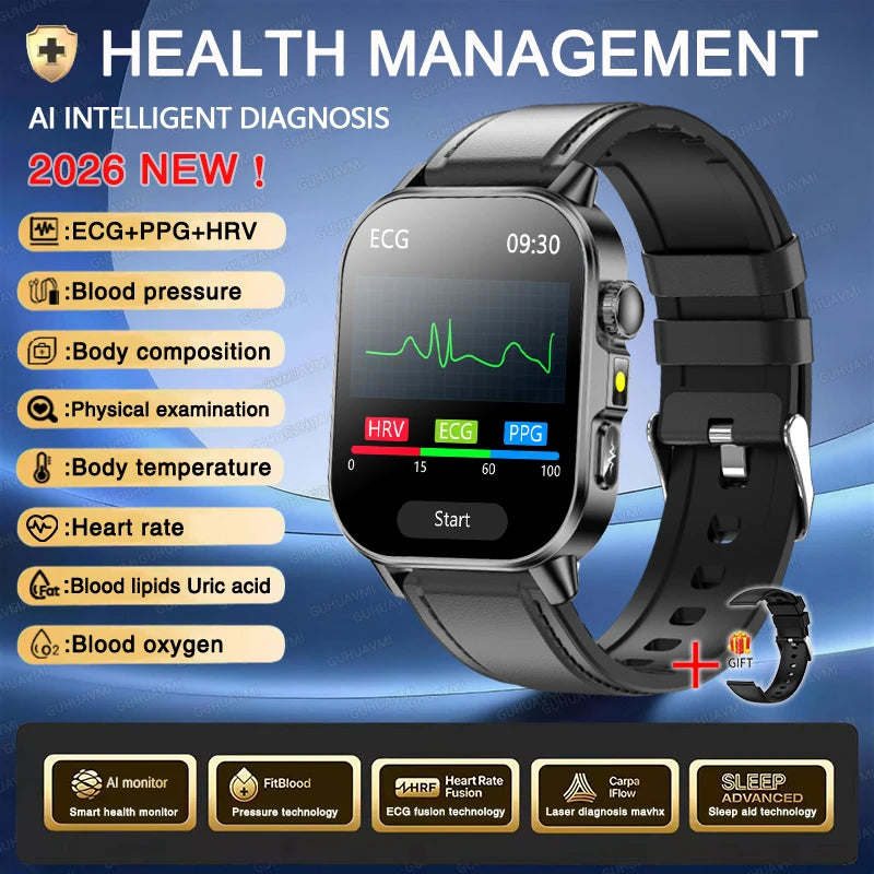 Accurate Health Diagnosis ECG Smart Watch Blood Pressure Blood Oxygen Blood Fat Uric Acid Temp Bluetooth.