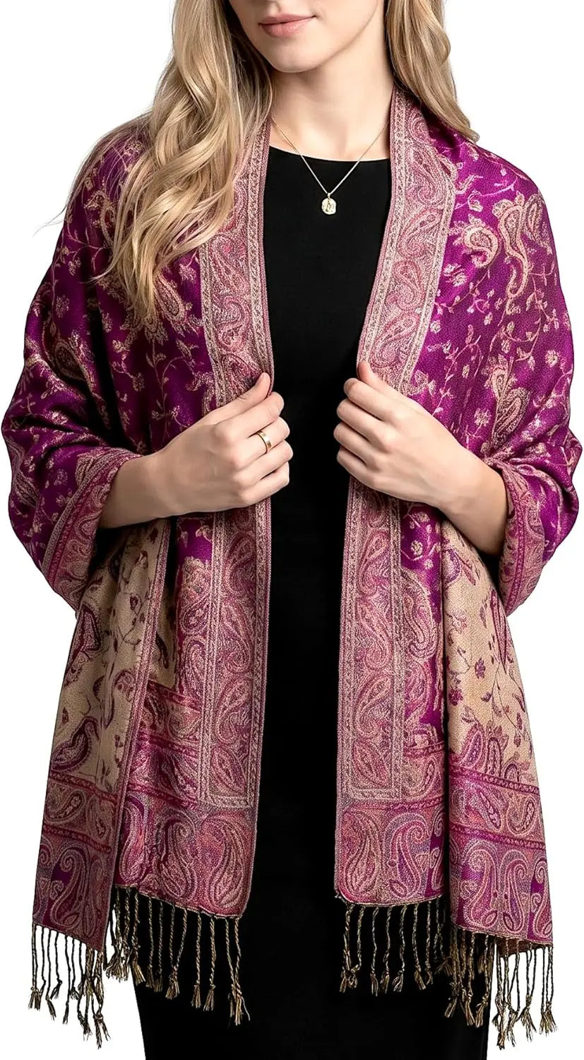 Reversible Paisley Pashmina Rave Scarf – Exotic Indian Shawls and Wraps for Evening Dresses, Festivals, All Seasons