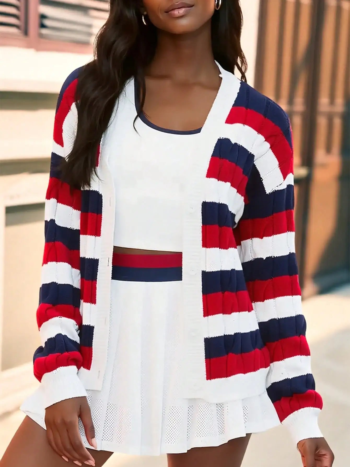Women's Striped Cable Knit Cardigan Sweater Open Front Long Sleeve Coat Preppy Casual Outwear Coquette Grunge Academic Aesthetic