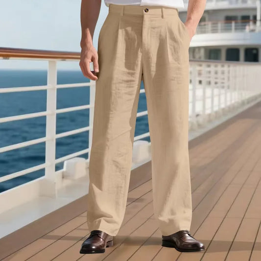 Men's Linen Cotton Pants Classic Straight Fit Trousers Breathable Lightweight Stretch Waist Casual Cool Fabric For Summer Beach