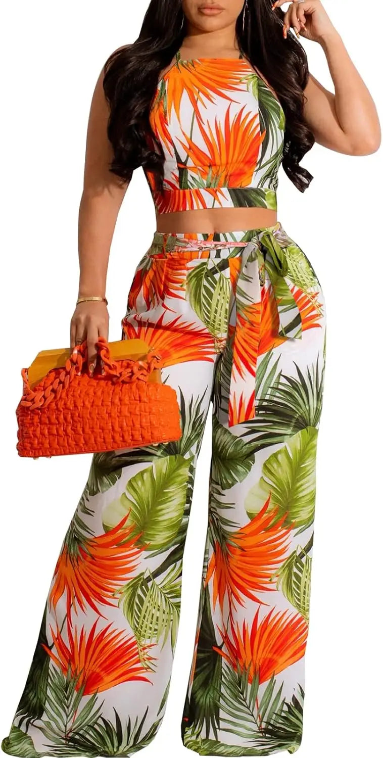 Elegant Two Piece Outfits for Women Sexy Bandage Top Long Straight Pants Swimwear Sets Coverups Vacation Beach