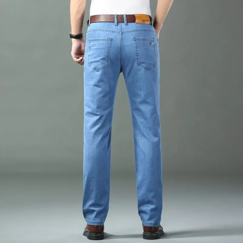 Men Summer Ice Silk Thin Stretch Straight Jeans, Lightweight Cotton Business Casual Denim Trousers