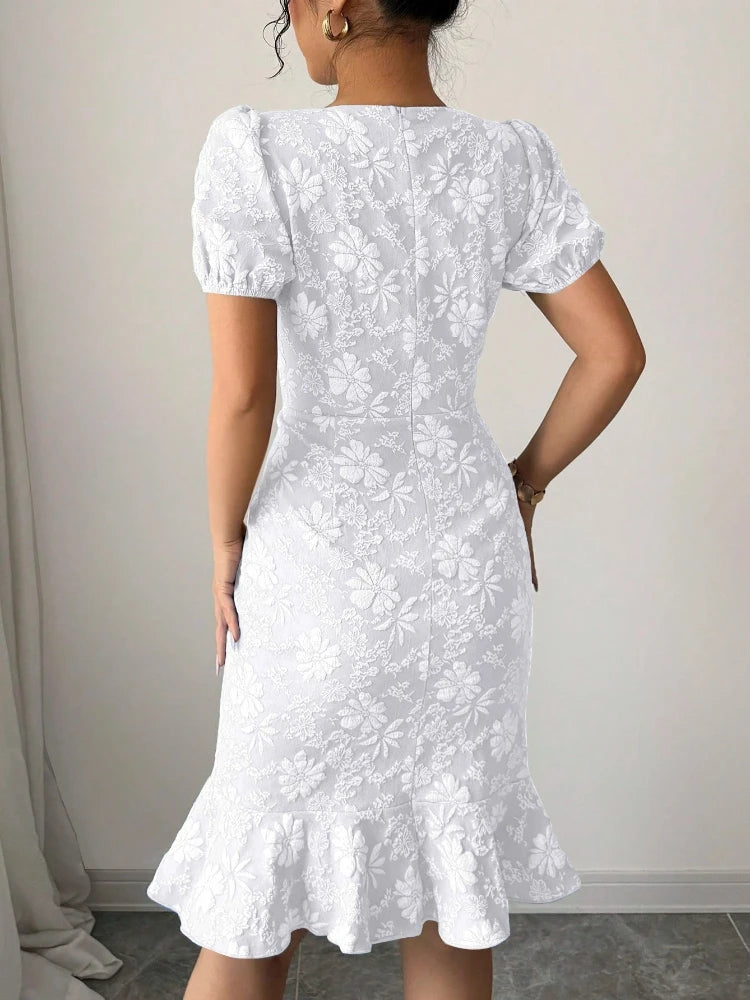 Elegant Lady Ruffled Hem Short Sleeve Dress New Skinny Hip Covering Slim Knee Length Dress Casual All-Match Solid O-Neck