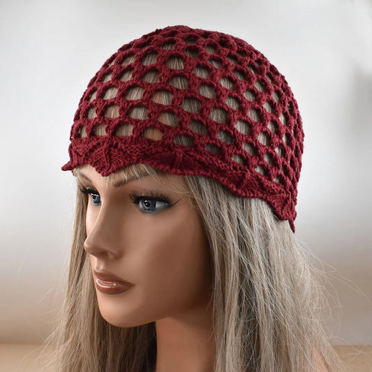New Women Spring Summer Adjustable Mesh Knitted Pearl pendant Hat Fashion Breathable hollow woven artist with pullover charm Cap
