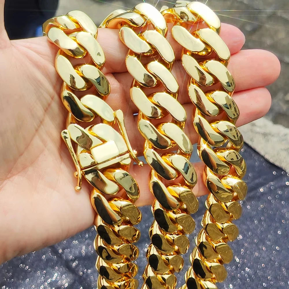 8-22mm Gold Color Stainless Steel  Cuban Miami Link Chain Necklaces for 18k Gold-plated Men (1PC)