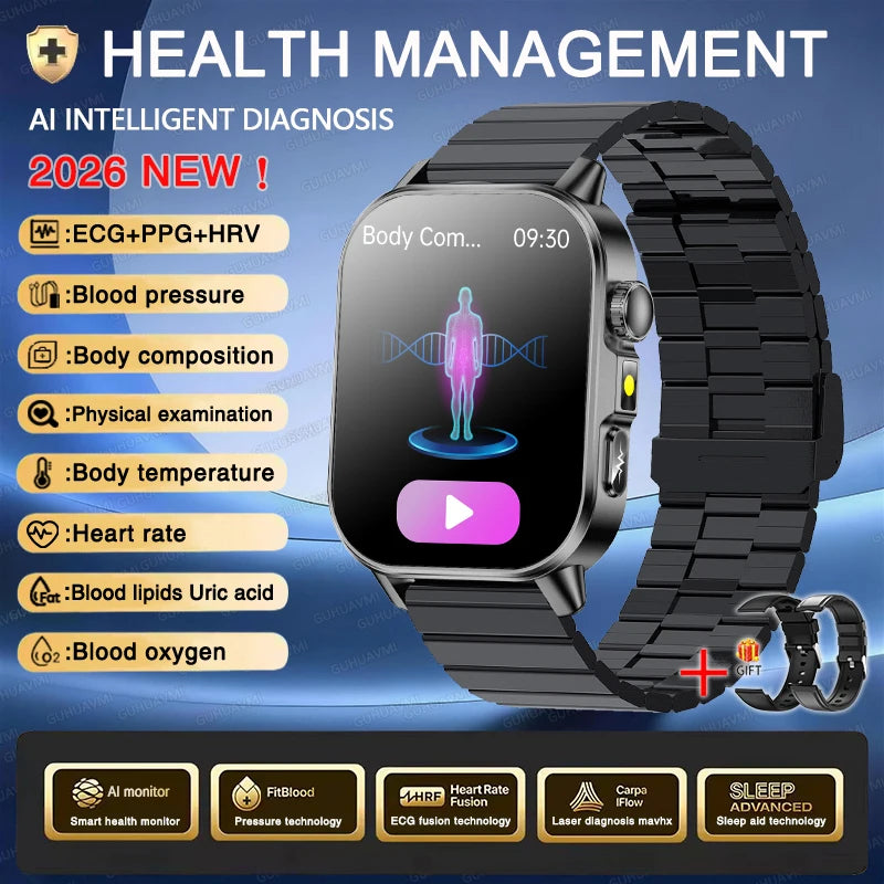 Accurate Health Diagnosis ECG Smart Watch Blood Pressure Blood Oxygen Blood Fat Uric Acid Temp Bluetooth.