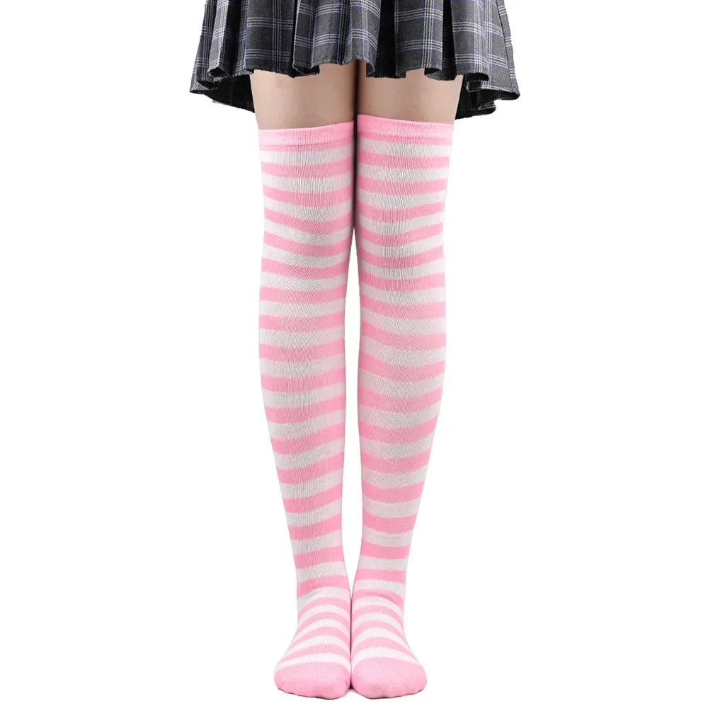 Womens Striped Thigh High Stockings Ladies Girls Black White pink Long Over Above Knee Socks femboy Cosplay Lolita Harajuku Y2k