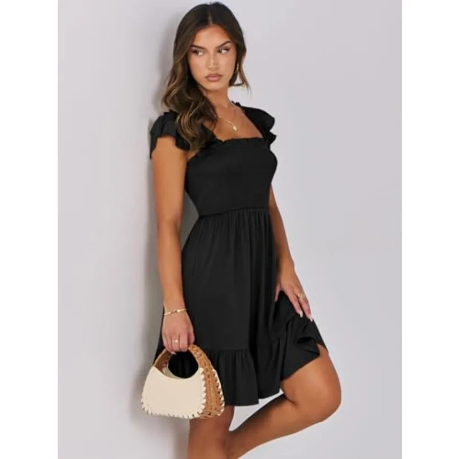ANRABESS Women's Summer Casual Sleeveless Square Neck Dress 2026 Smocked Ruffle Backless Boho Beach Cute Teen Short Sundress