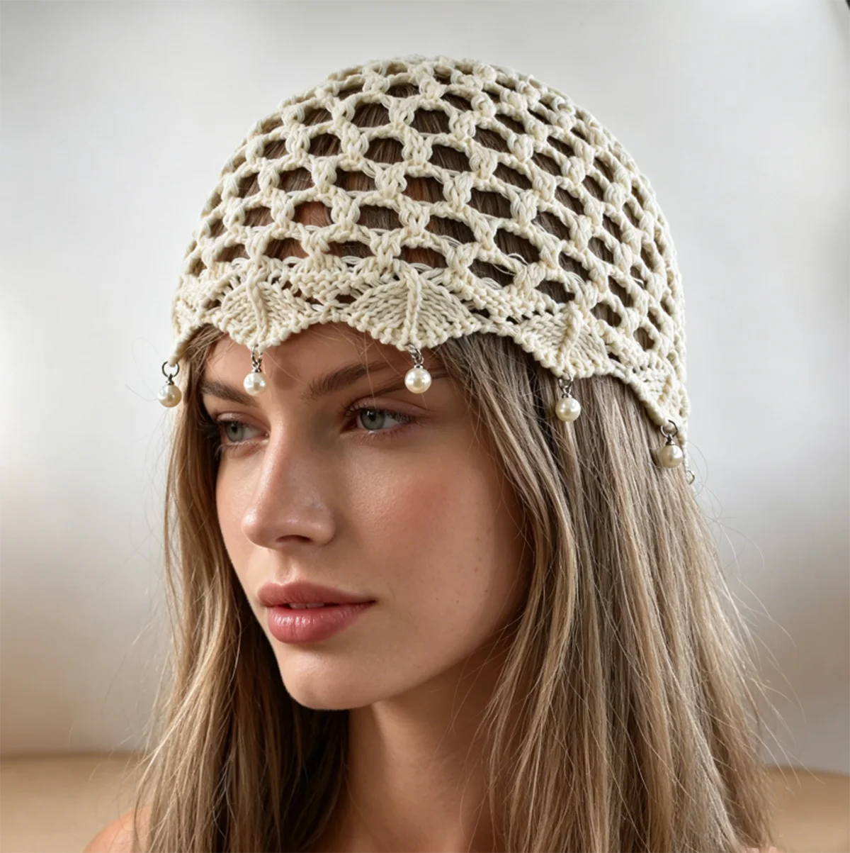 New Women Spring Summer Adjustable Mesh Knitted Pearl pendant Hat Fashion Breathable hollow woven artist with pullover charm Cap