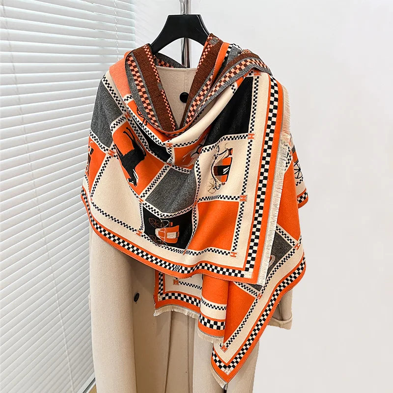 Luxury Warm Poncho Cashmere Winter Women Scarf Horse Print Shawl Wraps Female Thick Pashmina Blanket Bufanda Travel Echarpe 2024