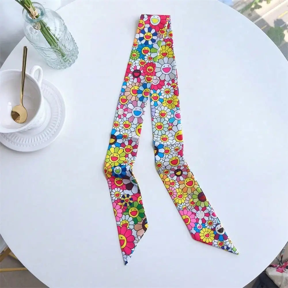 Versatile Long Skinny Silk Scarf for Women, Multiway Ribbon Tie as Bag Charm Hair Band Neck Scarf Belt, Elegant Print Gift