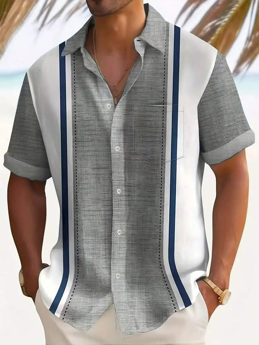 Plus Size Men's Short Sleeve Formal Shirt - Summer Slim Fit Button-Down Collared Shirt With Pockets, Striped/Floral/Geometric