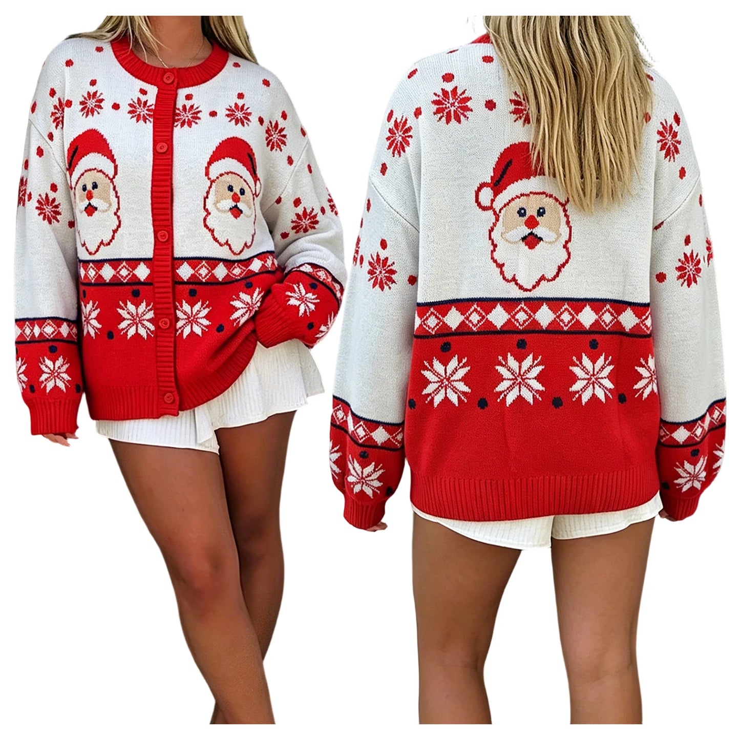 Christmas Cardigan Santa Pattern Crew Women