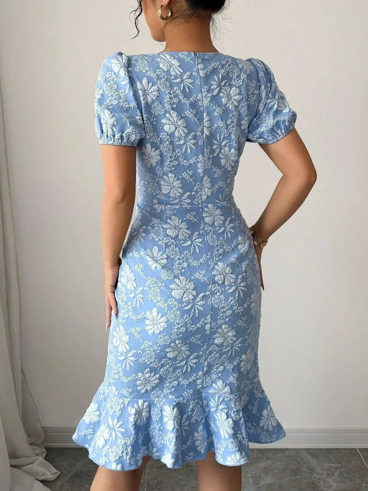 Elegant Lady Ruffled Hem Short Sleeve Dress New Skinny Hip Covering Slim Knee Length Dress Casual All-Match Solid O-Neck